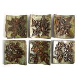 A set of six carved bark panels, of curved form, relief decorated with different types of leaves,