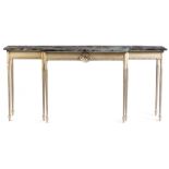 A continental painted wood breakfront side table, with a green marble top, the frieze centred with a