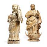 Two Portuguese carved wood figures of saints, St. Luke wearing a cloak and standing on a serpent and