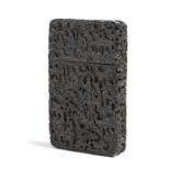 λ A 19th century Chinese export tortoiseshell card case, relief carved with figures, buildings,