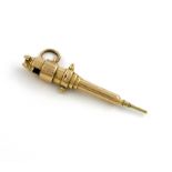 A Victorian novelty gold pencil, unmarked, modelled as a cannon barrel, with a ring attachment,