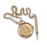 A quarter-repeater hunter pocket watch and chain, unsigned keyless-wind movement with club-tooth