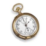 An open-face split-second chronograph pocket watch by C. L. Guinand Locle, signed keyless-wind