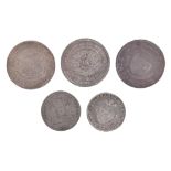 Five 19th Century British silver tokens, all 1811: Portsmouth, I Dudleys, shilling, star and