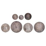 Victoria, a cased set of seven silver coins, 1887, crown to threepence (combination corresponds to S