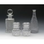 Two cut glass jars and stoppers, 20th century, a cut glass decanter and stopper, of square form with