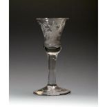 A Williamite wine glass, c.1750-60, the bell bowl engraved with the king on horseback beneath a