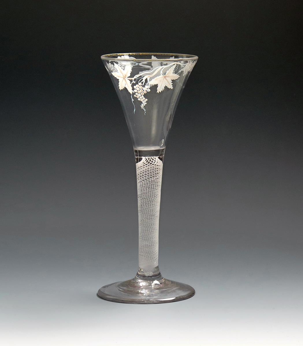 A good Beilby wine glass, c.1760-70, the drawn trumpet bowl rising from a tapering opaque gauze stem