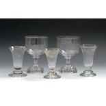 Two rummers and three jelly glasses, late 18th/early 19th century, the rummers with round funnel