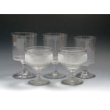 Five cut glass rummers, 1st half 19th century, a pair with generous rounded bowls cut with a wide