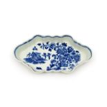 A Worcester blue and white spoon tray, c.1765-70, the elongated hexagonal shape printed with the