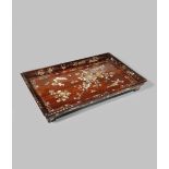 A CHINESE MOTHER OF PEARL INLAID HARDWOOD TRAY 19TH CENTURY Finely inlaid with birds, blossoms and