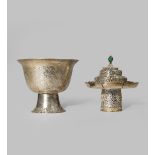 A TIBETAN SILVER STEM BOWL AND SILVER-GILT COVER AND STAND 19TH CENTURY The bowl incised with four