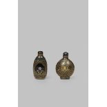 TWO LAQUE BURGAUTE SNUFF BOTTLES 19TH/20TH CENTURY One decorated with panels of flowers, both with a