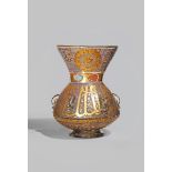 A MAMLUK-STYLE GILDED AND ENAMELLED GLASS MOSQUE LAMP 18TH/19TH CENTURY With a tapering neck