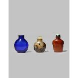 THREE CHINESE SNUFF BOTTLES 19TH CENTURY One agate with a flattened circular body, the stone with