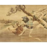 A JAPANESE SCROLL PAINTING MEIJI 1868-1912 In ink on fabric, depicting a hunter tying up a large