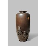 A LARGE JAPANESE BRONZE BALUSTER VASE MEIJI/TAISHO PERIOD The body rising to a flared rim, decorated