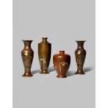 FOUR JAPANESE INLAID BRONZE VASES MEIJI 1868-1912 Comprising: a pair with slender bodies decorated