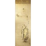 TWO JAPANESE SCROLL PAINTINGS ON SILK MEIJI 1868-1912 One depicting Kanzan and Jittoku gazing at the