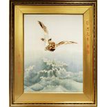 A JAPANESE EMBROIDERED PANEL MEIJI 1868-1912 Depicting an eagle flying over crashing waves, with