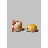 TWO JAPANESE IVORY MODELS OF FRUITS, OKIMONO MEIJI 1868-1912 One carved as an apple, the skin