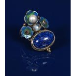 A large silver and enamel ring in the manner of George Hunt, cast with flower stems, enamelled in