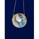 A cloisonne enamel pendant necklace by Harold Stabler, circular form with simple rope-twist border