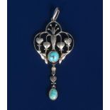 A Liberty & Co silver and turquoise pendant necklace, cast with dicentra (bleeding heart) flowers