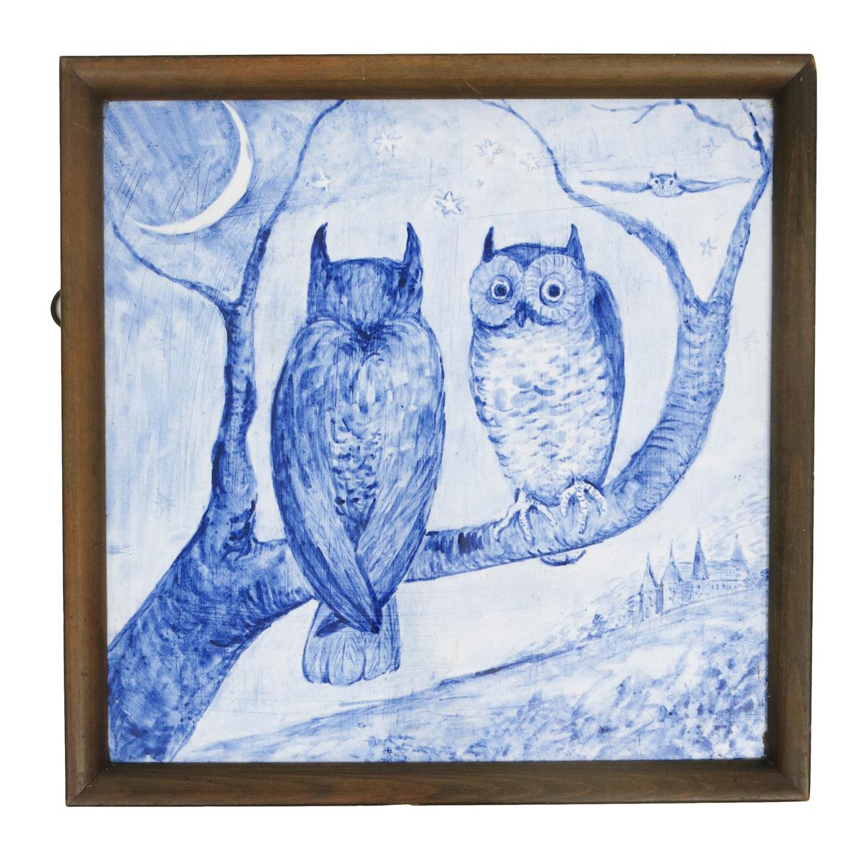 A large Aesthetic Movement tile plaque probably Copeland, painted with two facing owls perched on