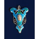 An Art Nouveau silver and enamel pendant, the floriform body enamelled in shades of blue and