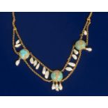 A turquoise set gold necklace the design attributed to Murrle Bennett, three turquoise stones spaced