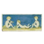 A Della Robbia Pottery plaque, rectangular cast in low relief with a naked young boy playing two