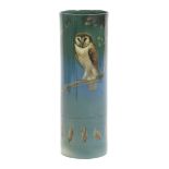 Barn Owl a rare Royal Doulton Titanian Ware vase by Harry Allen, cylindrical form, painted with an