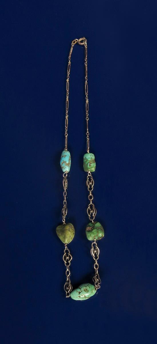 An Artificers Guild silver and turquoise necklace by John Bonnor, the link chain with wirework