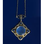 A Liberty & Co gold, sapphire and moonstone pendant necklace, the square section pierced wirework