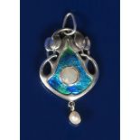 An Art Nouveau Murrle Bennett silver and enamel pendant, shield shape with cast honesty foliate