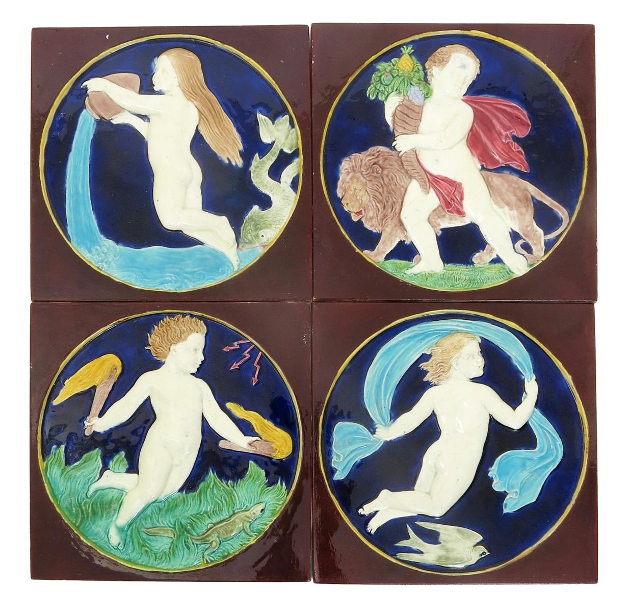 The Elements four Copeland pottery Majolica tiles, each modelled in relief and glazed in colours