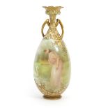 Noontide a Royal Doulton cabinet vase by Leslie Johnson, twin-handled pear shaped form with flaring,