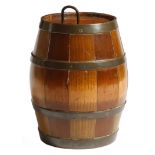 A Victorian treen elm and walnut beer barrel tobacco jar, brass bound and of staved construction,