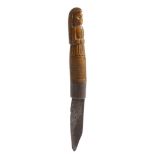An early 18th century treen pen knife, the handle carved with a figure of a lady, with long hair,
