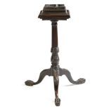 A George II mahogany tripod font stand, the later square cover revealing a marble font, on a