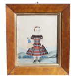 Scottish School (19th century). A naive watercolour of a girl, wearing a tartan dress and holding