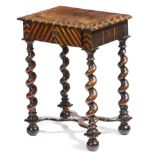 A William and Mary and later cocus wood and walnut side table, the quarter veneered top with ebony