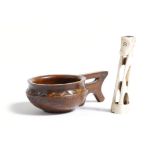 A treen kvosh, with chip carved decoration, the handle in the form of a stylised deer,