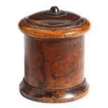 A Victorian treen lignum vitae string box, of cylindrical form, with a screw-off lid, 16.3cm high.