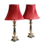 A pair of gilt and patinated bronze table lamps in Regency style, each with a baluster stem
