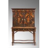 A Charles II Anglo-Dutch walnut and marquetry cabinet on later stand, inlaid with pewter stringing