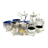 A mixed lot of condiments, comprising silver items: a pair of George II salt cellars, by David