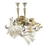 A mixed lot of silver items, comprising: an inkwell and pair of candlesticks, by Crisford and